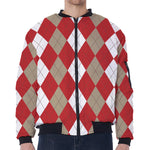 Beige Red And White Argyle Pattern Print Zip Sleeve Bomber Jacket