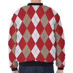 Beige Red And White Argyle Pattern Print Zip Sleeve Bomber Jacket