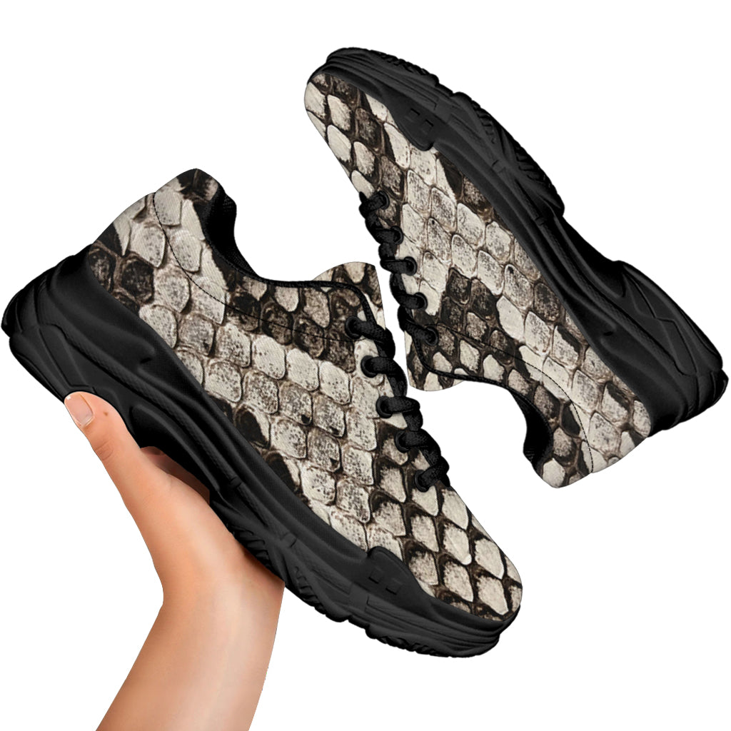 Beige Snakeskin Print Black Chunky Shoes