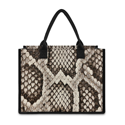 Beige Snakeskin Print Canvas Tote Bag