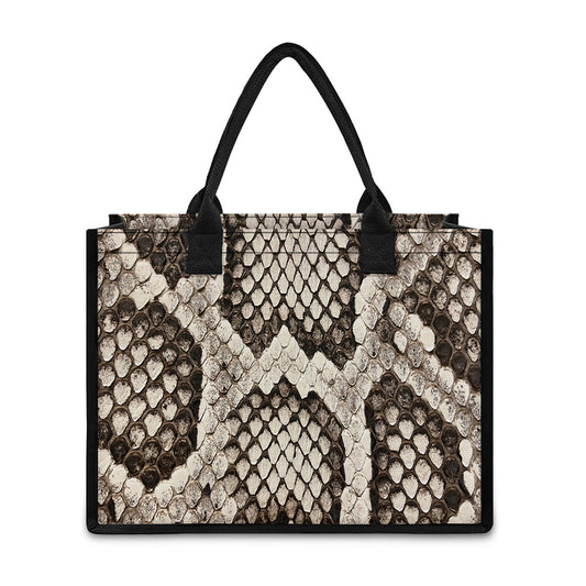 Beige Snakeskin Print Canvas Tote Bag