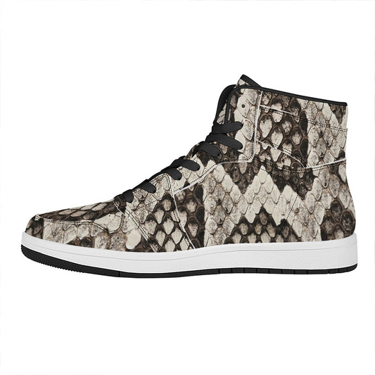 Beige Snakeskin Print High Top Leather Sneakers