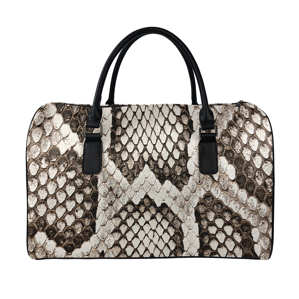 Beige Snakeskin Print Leather Duffle Bag