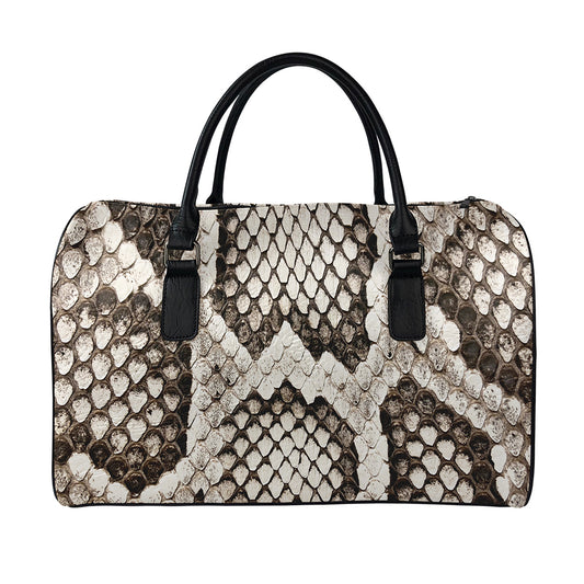 Beige Snakeskin Print Leather Duffle Bag