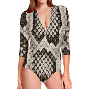 Beige Snakeskin Print Long Sleeve Swimsuit