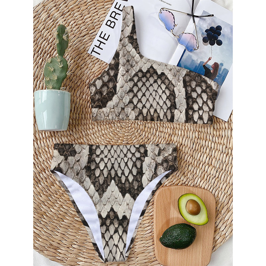 Beige Snakeskin Print One Shoulder Bikini Top