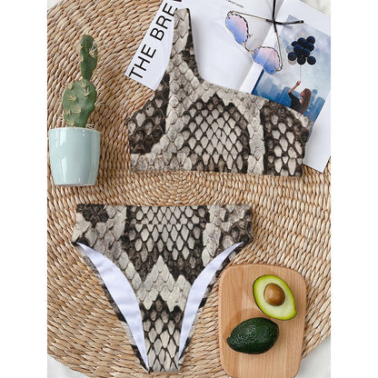 Beige Snakeskin Print One Shoulder Bikini Top