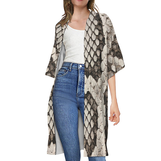 Beige Snakeskin Print Open Front Beach Cover Up