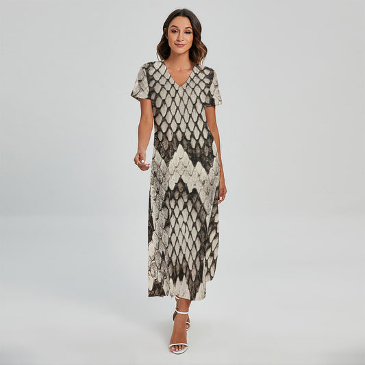 Beige Snakeskin Print Short Sleeve Maxi Dress