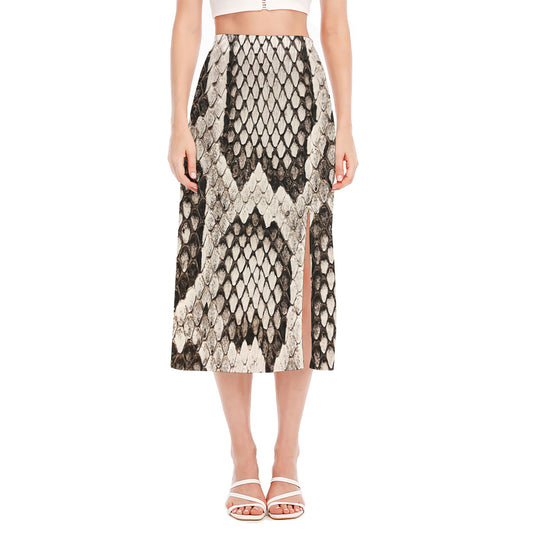 Beige Snakeskin Print Side Slit Midi Skirt