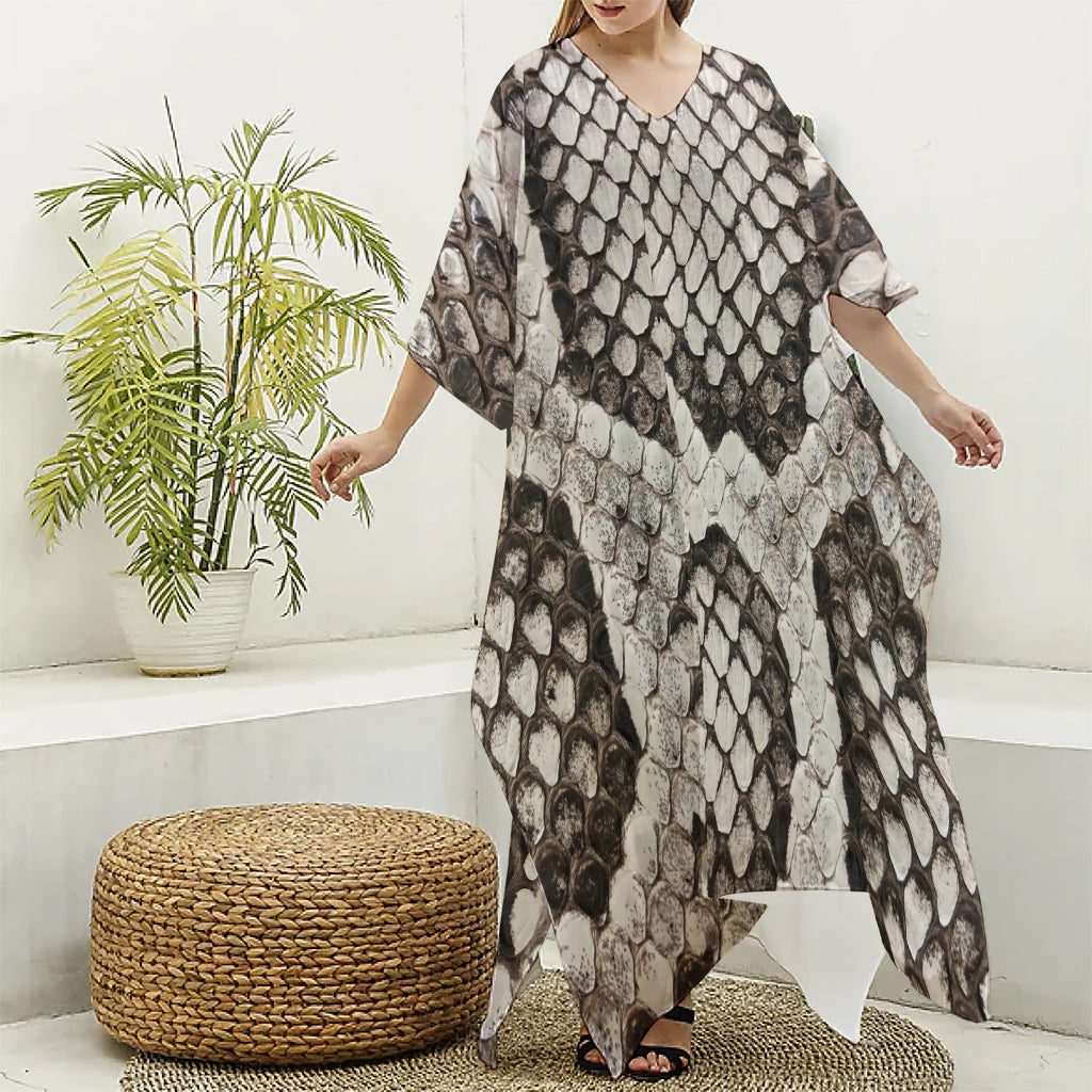 Beige Snakeskin Print Silk V-Neck Kaftan Dress