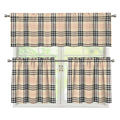 Beige Tartan Pattern Print 3 Piece Kitchen Curtains