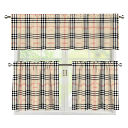 Beige Tartan Pattern Print 3 Piece Kitchen Curtains