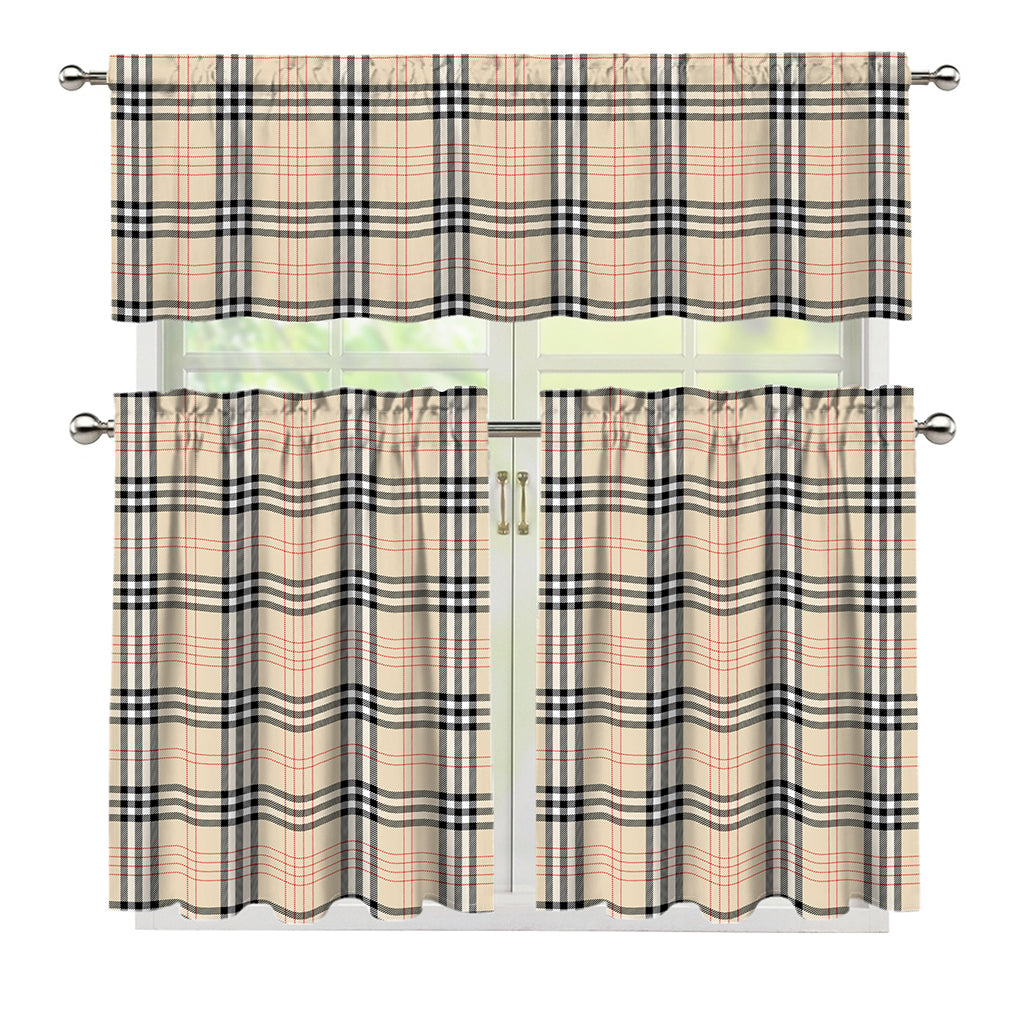 Beige Tartan Pattern Print 3 Piece Kitchen Curtains
