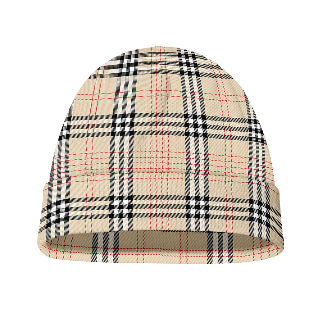Beige Tartan Pattern Print Beanie