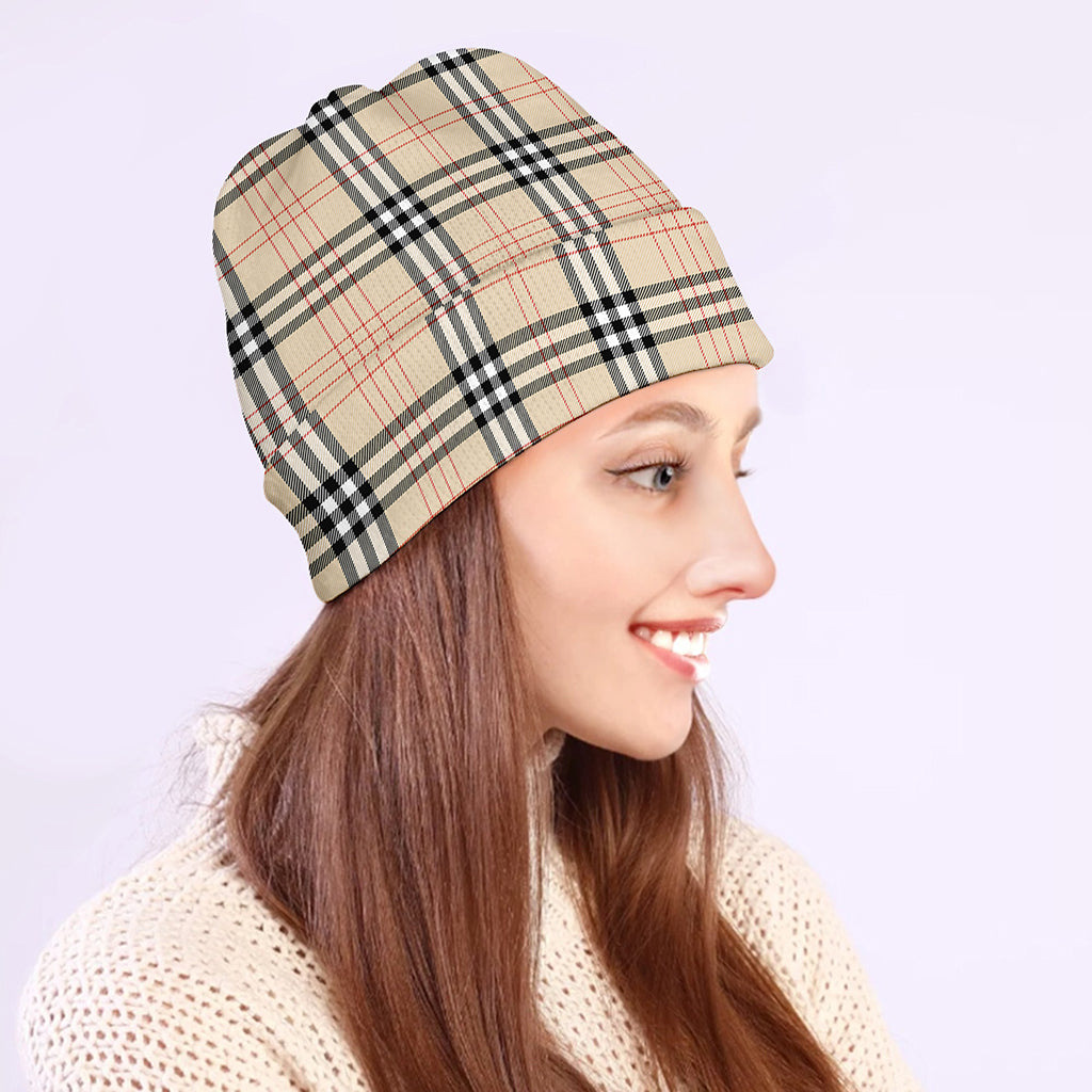 Beige Tartan Pattern Print Beanie