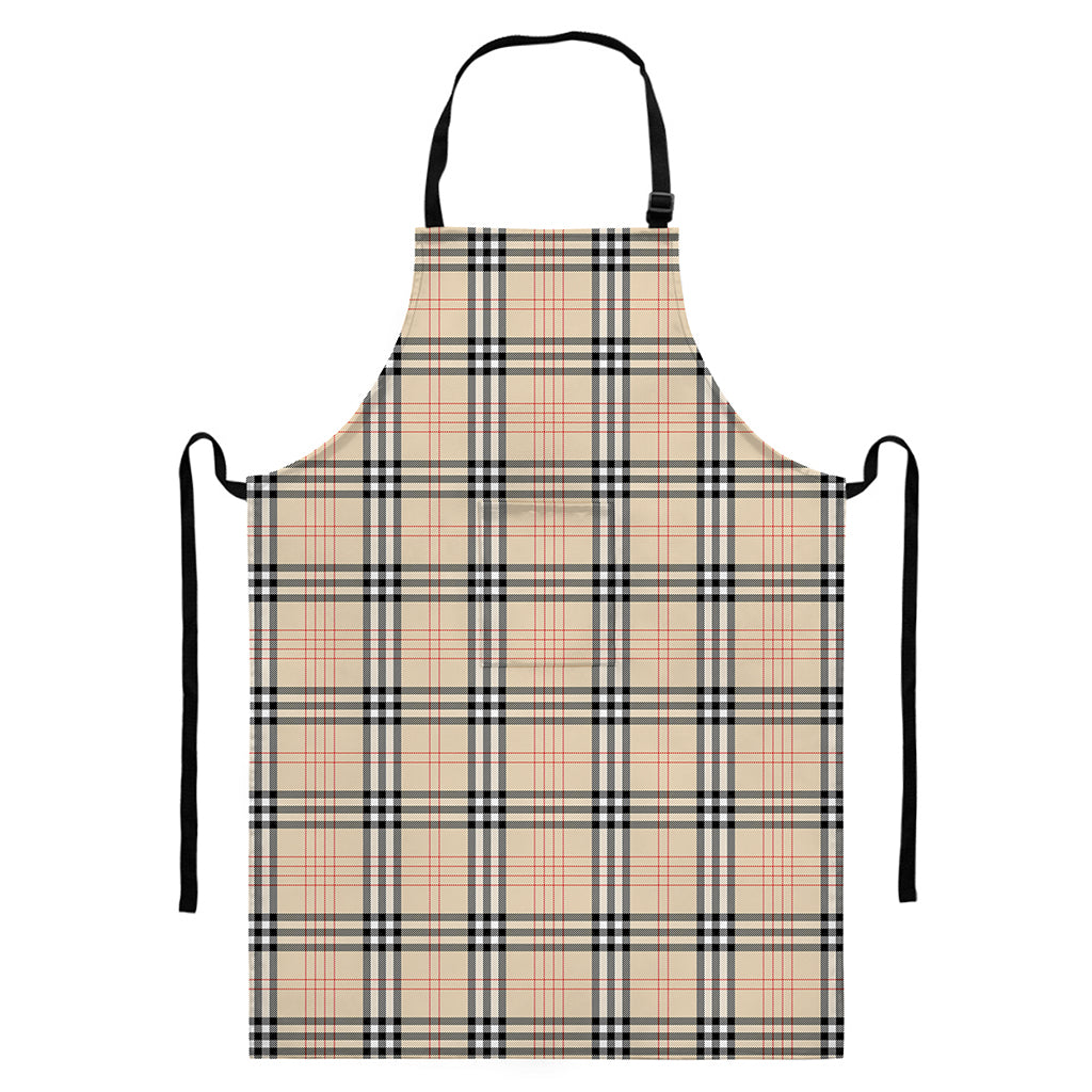 Beige Tartan Pattern Print Bib Apron With Pocket
