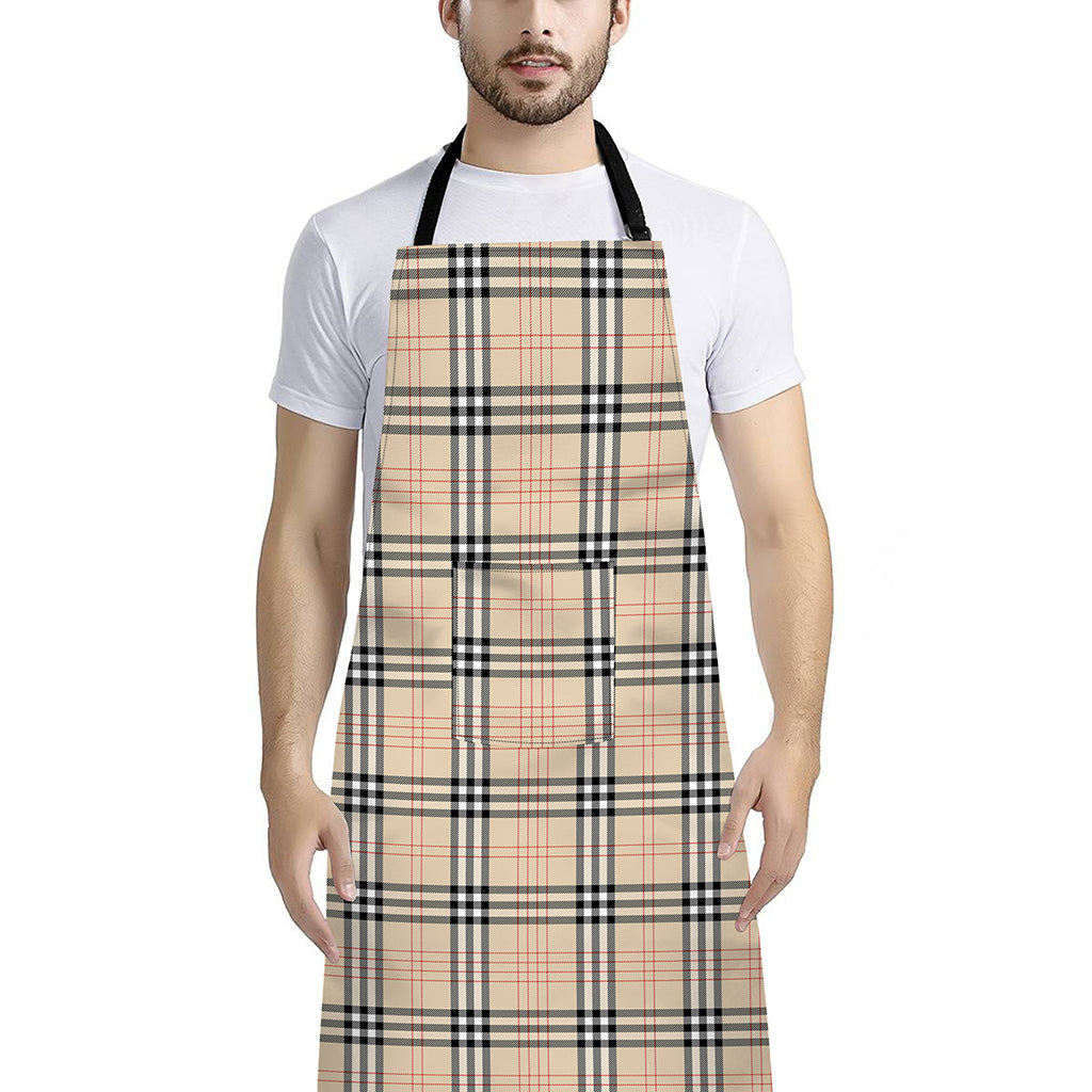 Beige Tartan Pattern Print Bib Apron With Pocket