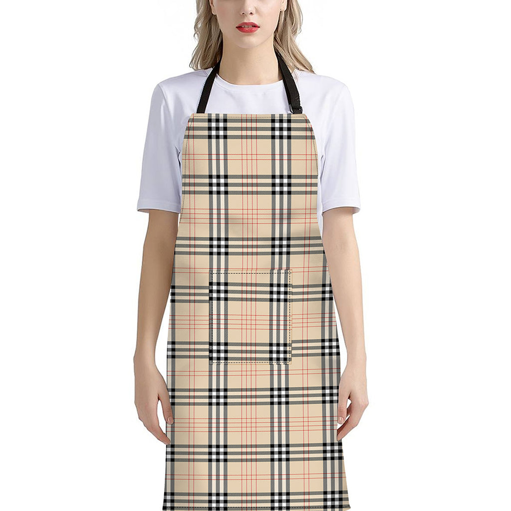 Beige Tartan Pattern Print Bib Apron With Pocket