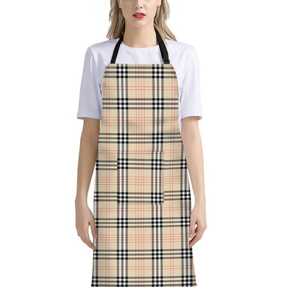 Beige Tartan Pattern Print Bib Apron With Pocket