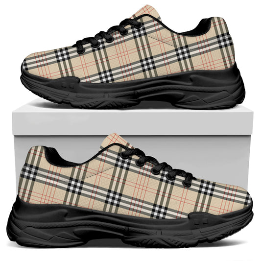 Beige Tartan Pattern Print Black Chunky Shoes