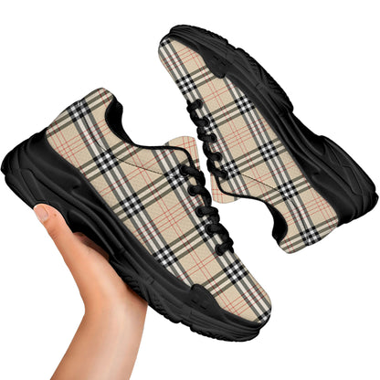 Beige Tartan Pattern Print Black Chunky Shoes