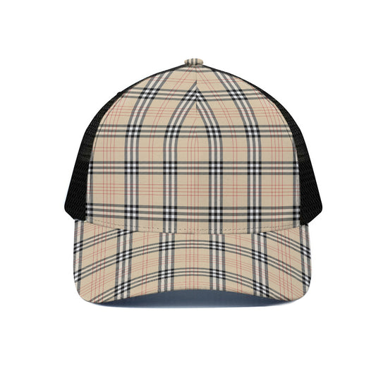 Beige Tartan Pattern Print Black Mesh Trucker Cap