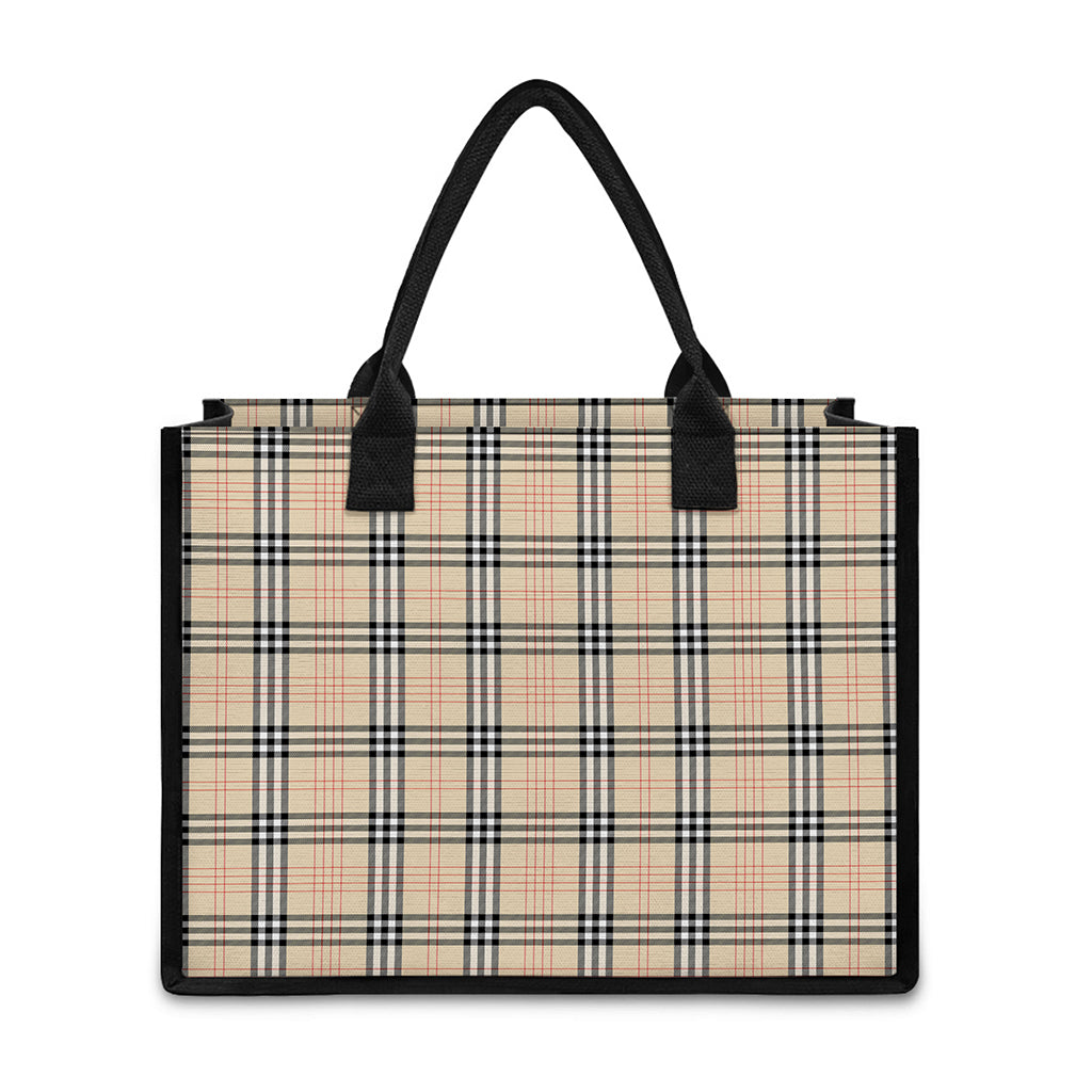 Beige Tartan Pattern Print Canvas Tote Bag