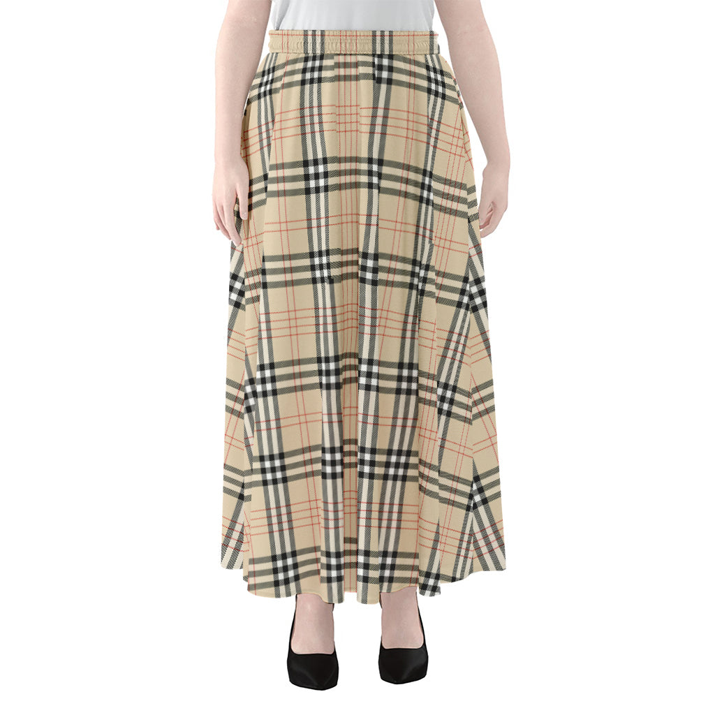 Beige Tartan Pattern Print Chiffon Maxi Skirt