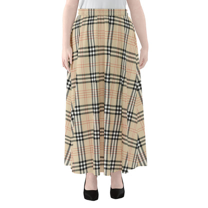 Beige Tartan Pattern Print Chiffon Maxi Skirt