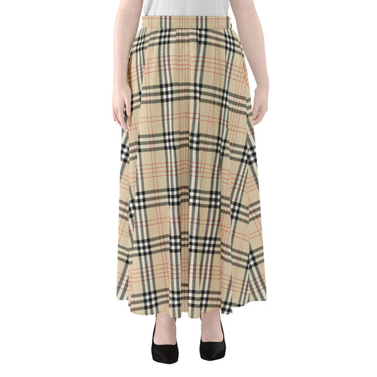 Beige Tartan Pattern Print Chiffon Maxi Skirt