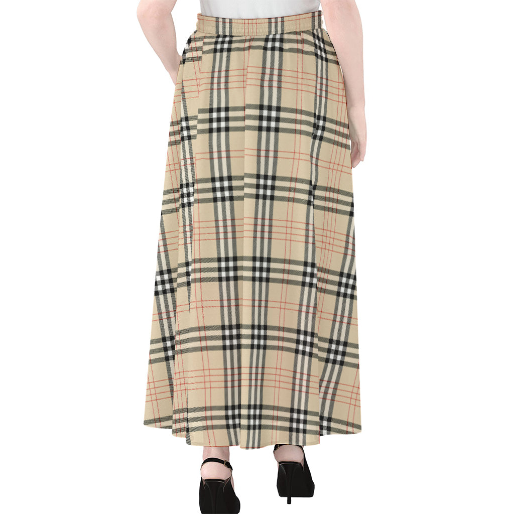Beige Tartan Pattern Print Chiffon Maxi Skirt