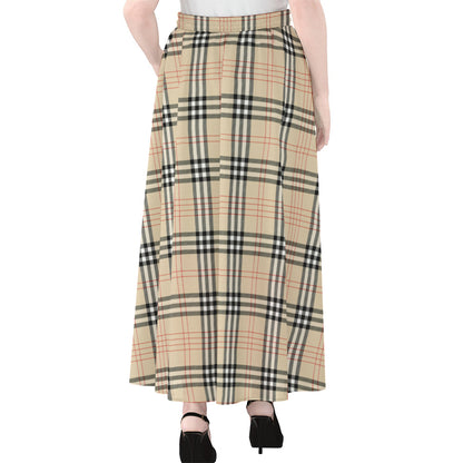 Beige Tartan Pattern Print Chiffon Maxi Skirt