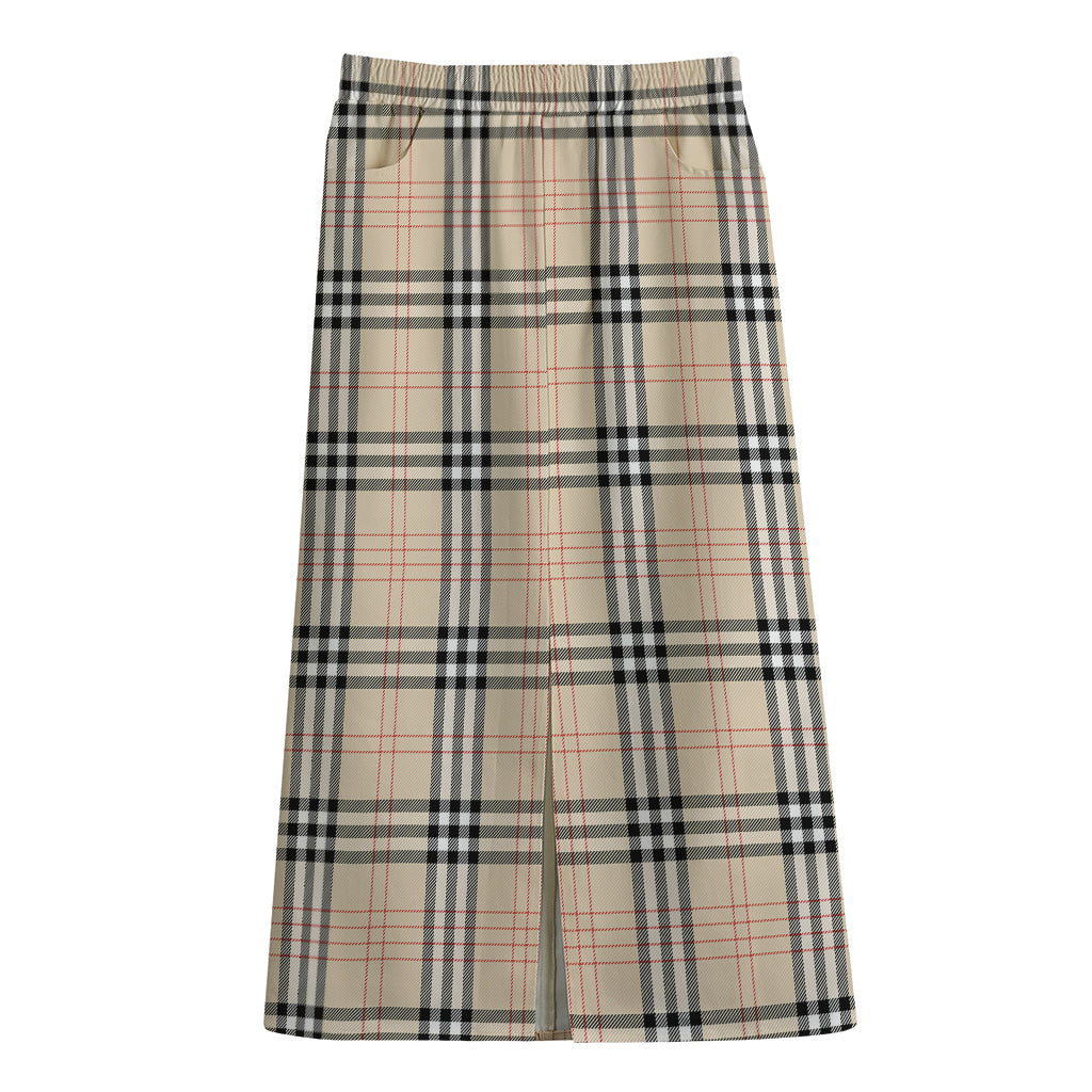 Beige Tartan Pattern Print Cotton Front Slit Maxi Skirt