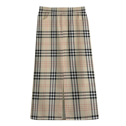 Beige Tartan Pattern Print Cotton Front Slit Maxi Skirt