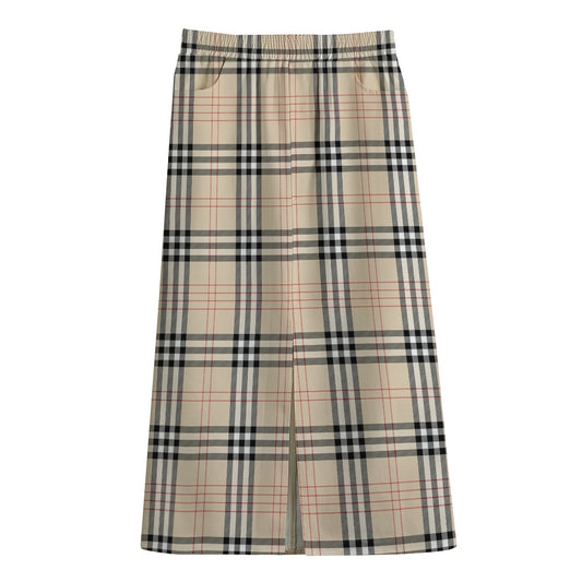 Beige Tartan Pattern Print Cotton Front Slit Maxi Skirt