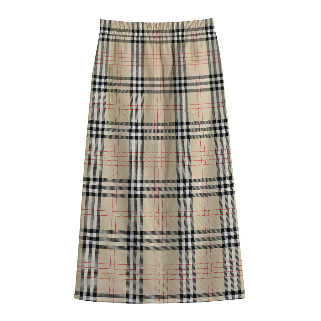 Beige Tartan Pattern Print Cotton Front Slit Maxi Skirt