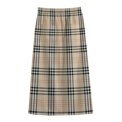 Beige Tartan Pattern Print Cotton Front Slit Maxi Skirt