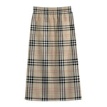 Beige Tartan Pattern Print Cotton Front Slit Maxi Skirt
