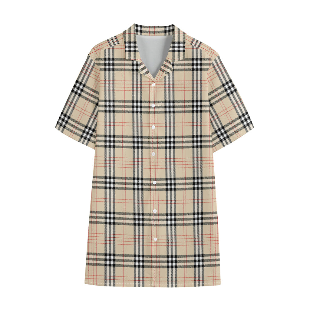 Beige Tartan Pattern Print Cotton Hawaiian Shirt