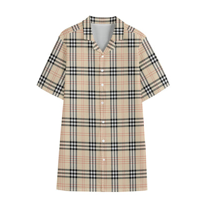 Beige Tartan Pattern Print Cotton Hawaiian Shirt