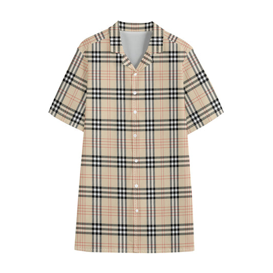 Beige Tartan Pattern Print Cotton Hawaiian Shirt