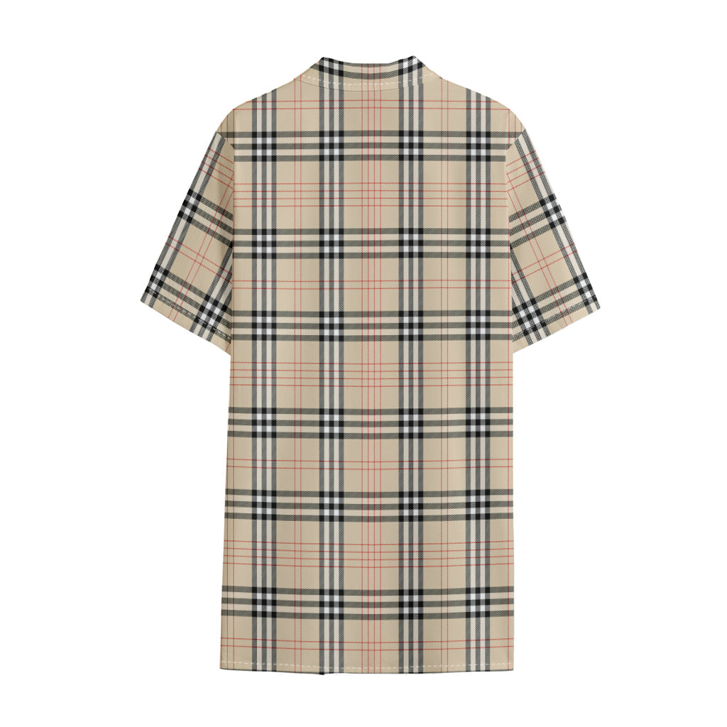 Beige Tartan Pattern Print Cotton Hawaiian Shirt