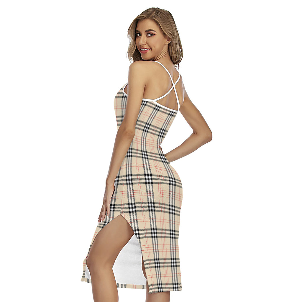 Beige Tartan Pattern Print Cross Back Cami Dress