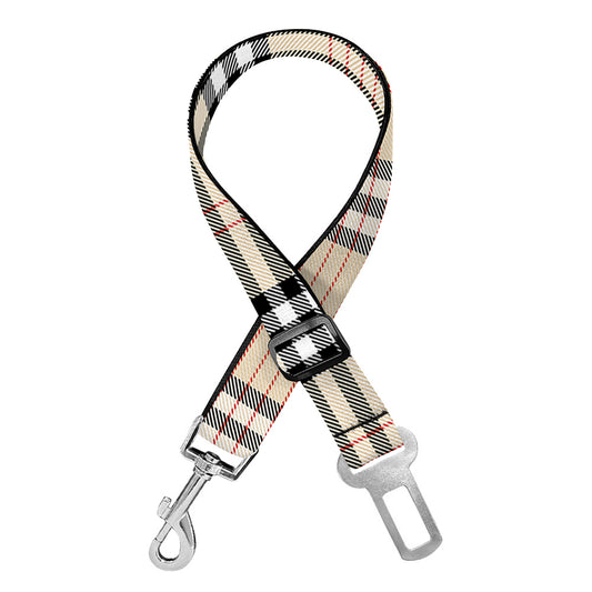 Beige Tartan Pattern Print Dog Seat Belt