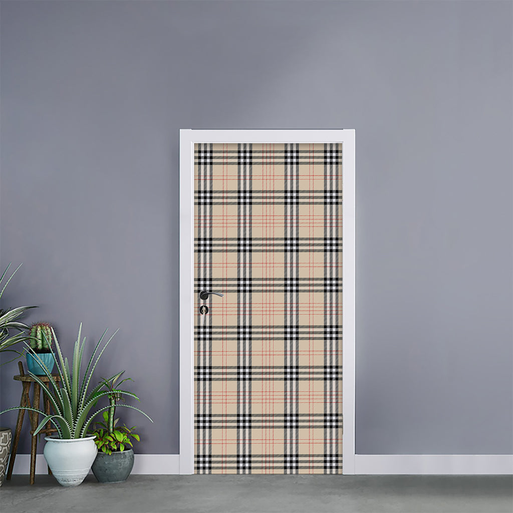 Beige Tartan Pattern Print Door Sticker