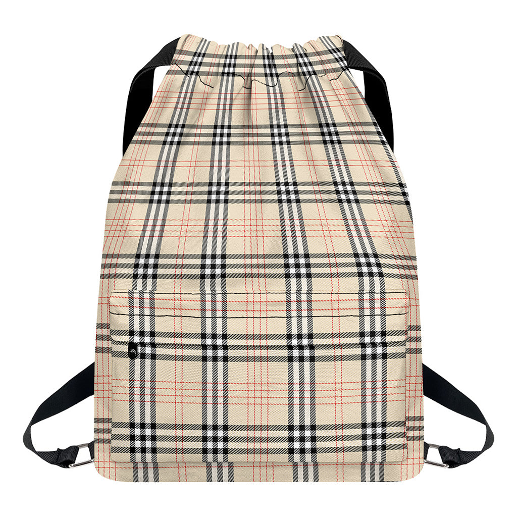 Beige Tartan Pattern Print Drawstring Backpack