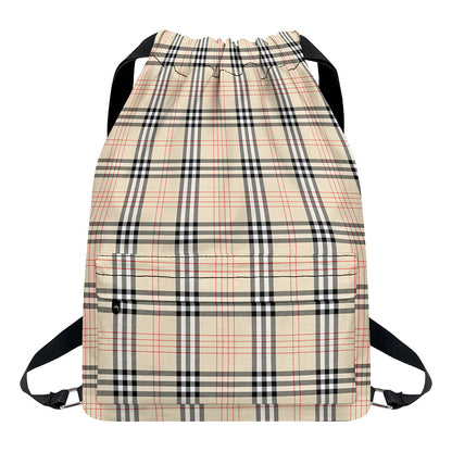 Beige Tartan Pattern Print Drawstring Backpack