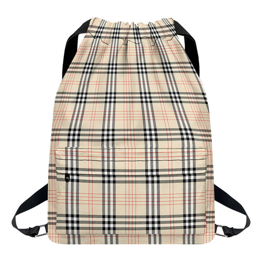 Beige Tartan Pattern Print Drawstring Backpack
