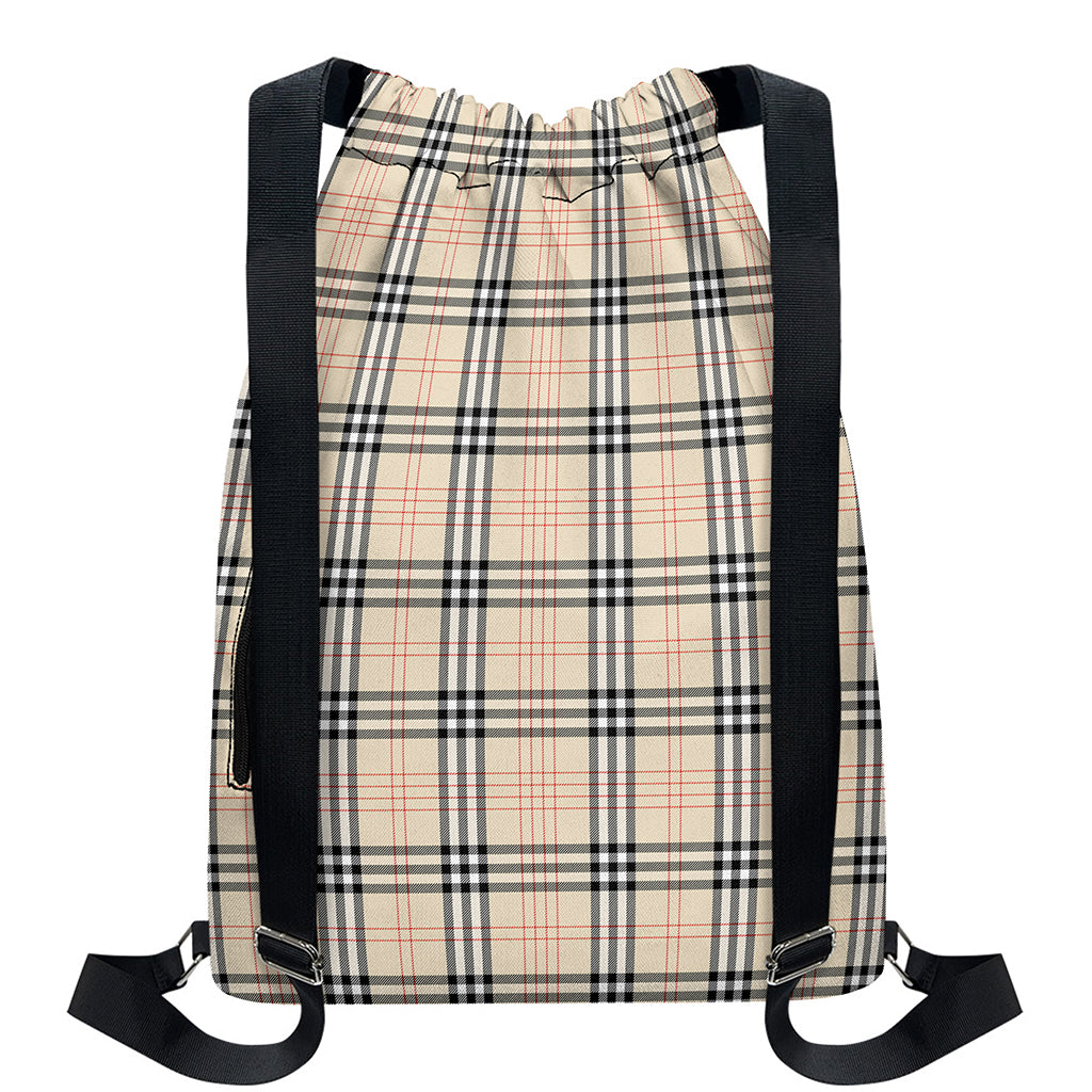 Beige Tartan Pattern Print Drawstring Backpack